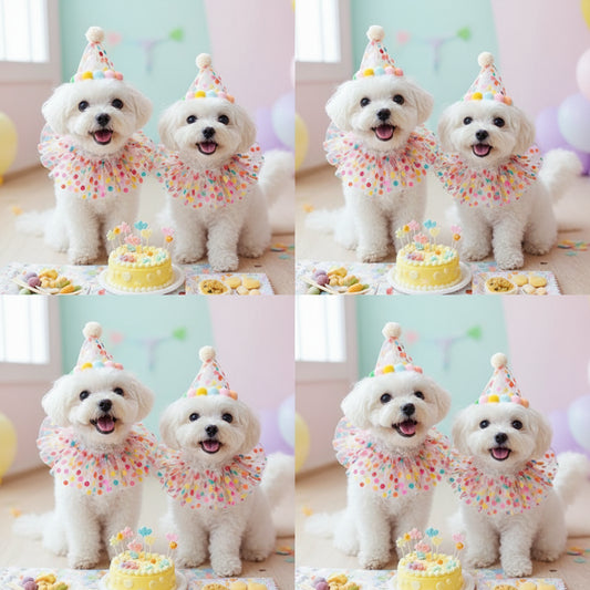 ドット柄パーティーハット・バースデービブ(猫・小型犬用)