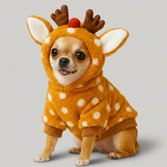 small dog wearing Milio’s polka dot reindeer hoodie with antlers