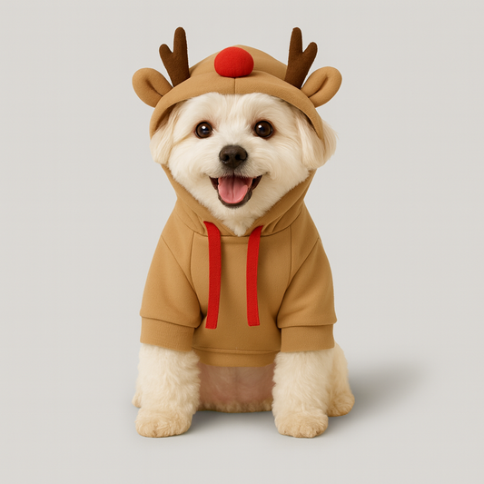 トナカイわんちゃんパーカー｜冬のもこもこ犬服＋映画付きギフト（カスタマイズ可）