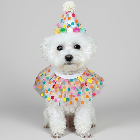 ドット柄パーティーハット・バースデービブ（猫・小型犬用）