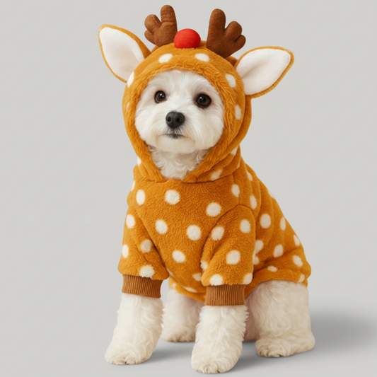 cozy small dog in Milio’s reindeer hoodie enjoying winter indoors